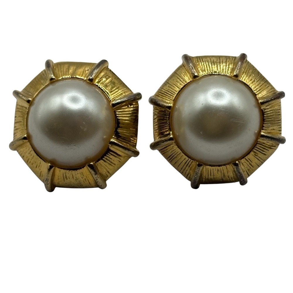 Napier Earrings Vintage Gold Tone Round Faux Pearl Clip On Screw Back Button